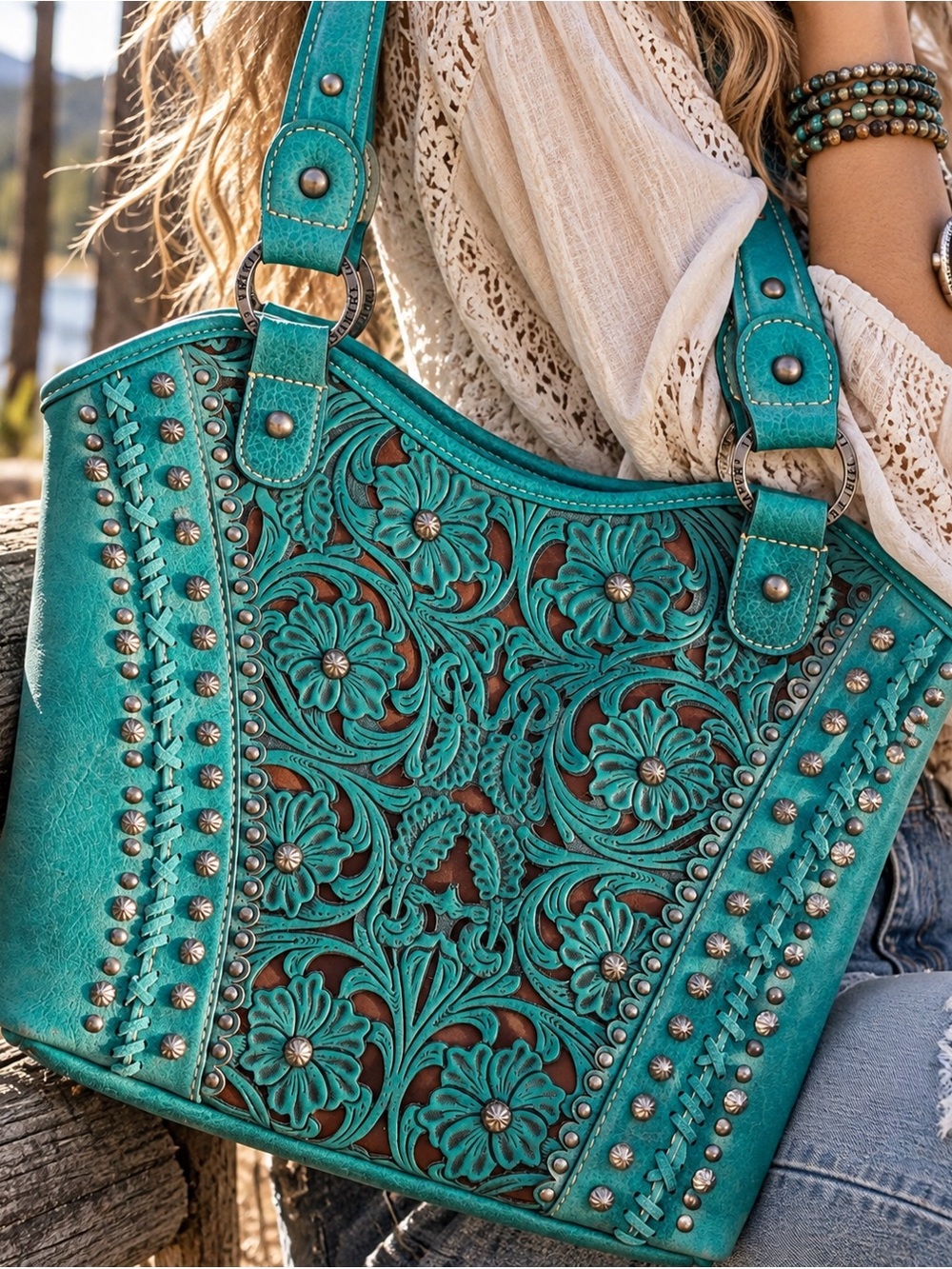 Trinity Ranch Turquoise Tooled Floral Western Boho Handbag Purse/Studded